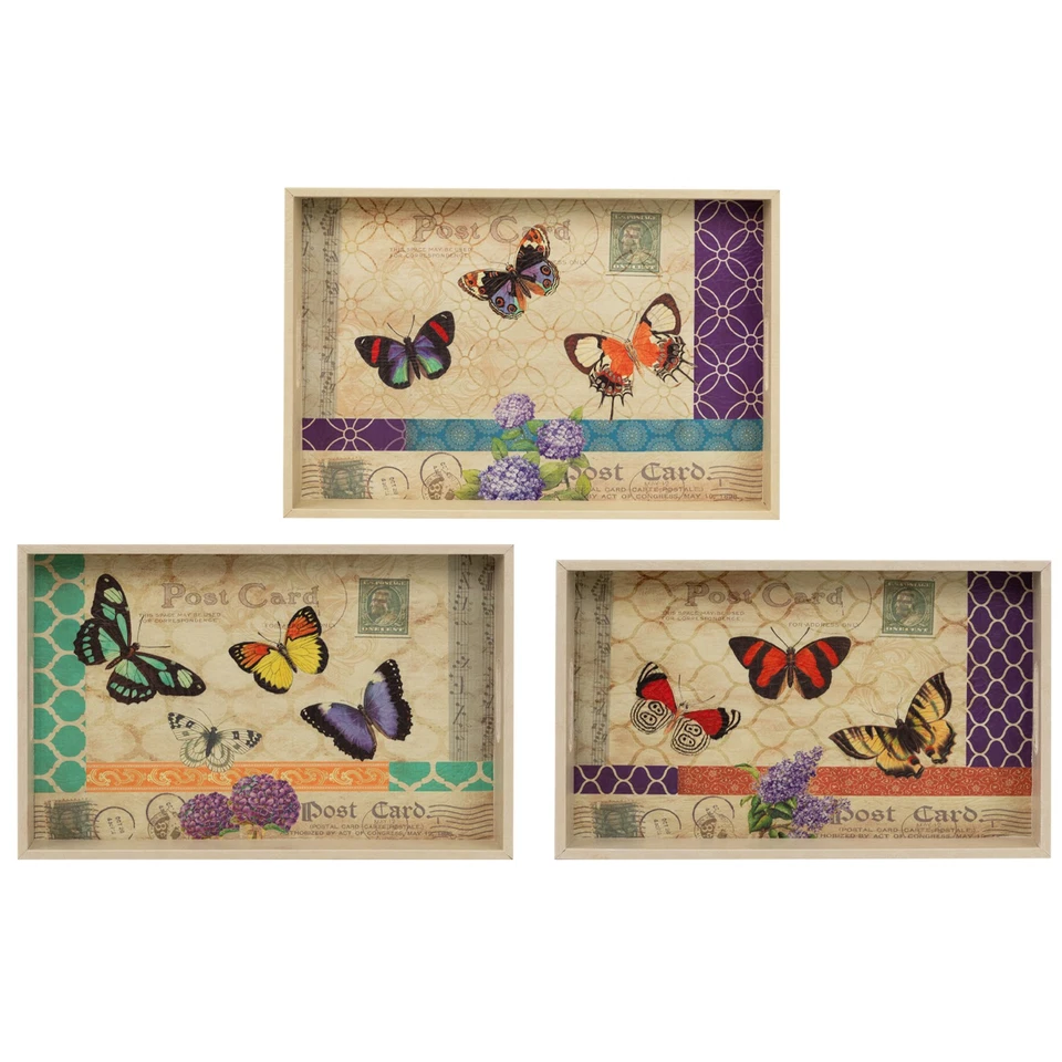 Northlight Set of 3 Vintage-Style Butterfly Wooden Rectangular Serving Trays - Image 2 of 4