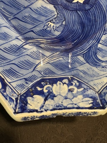 Antique Japanese Repaired Plate Warmer Boat Shape, Blue And White Ceramic Tray - Picture 8 of 24
