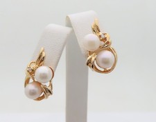 14k Vintage Pearl Earrings Natural Diamond Double Pearls Solid Gold Jewelry E314