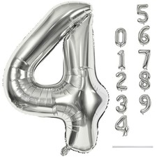 Silver Number Balloons, 40inch Large Number 4 Foil Helium Balloons for Girls ...