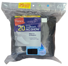 Hanes 11664 NEW Men's Shoe Size 6-12 Black 20 Pair Cushion No Show Socks