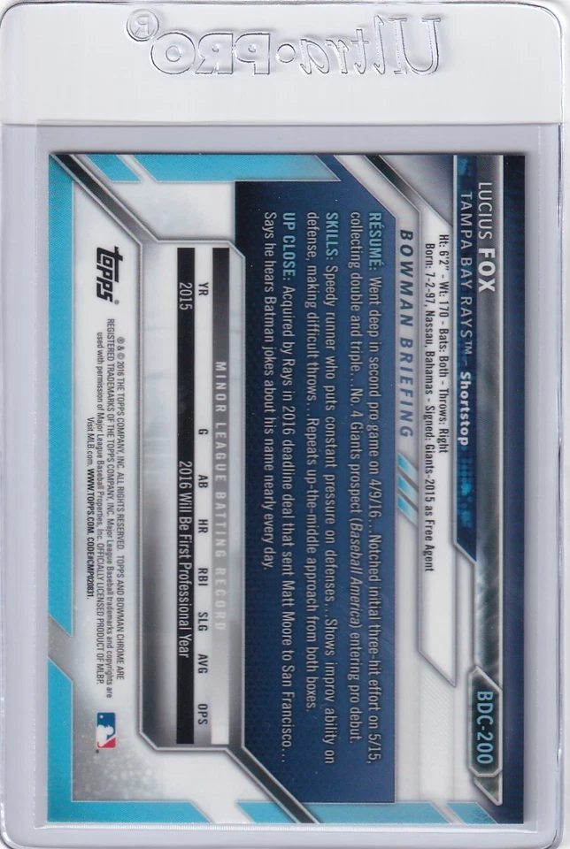 2016 BOWMAN CHROME RC LUCIUS FOX TAMPA BAY RAYS DRAFT PROSPECTS H5516 - Image 2 of 2