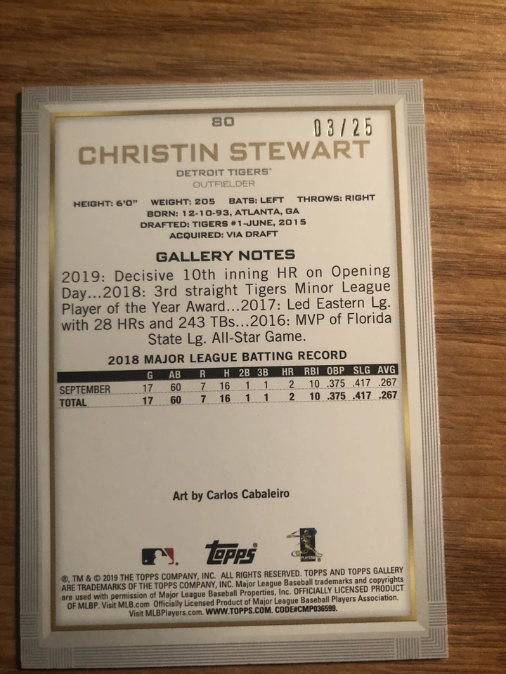 2019 Topps Gallery Christin Stewart RC Rookie 03/25 Detroit Tigers DJ - Image 2 of 2