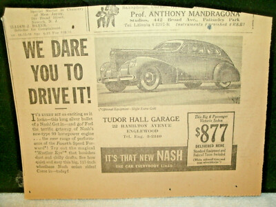 NEWSPAPER ADVERTISING--1939 Nash--Tudor Hall Garage--Englewood NJ--Dealer
