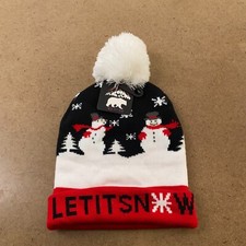 CPB Youth One Size Black White Red Snowman Let It Snow Pom Cuffed Beanie NWT