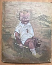 Tableau Ancien Peinture Originale Huile Carton Portrait Enfant Souriant XIXe