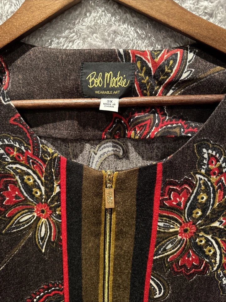 Bob Mackie носимый искусства молнии вниз верхний женщин 3 X коричневый черный красный цветочный пейсли - Изображение 3 из 4