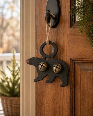 Leather Feel Black Bear Door Hanger Chime Gold Tone Jingle Bells Rustic Decor