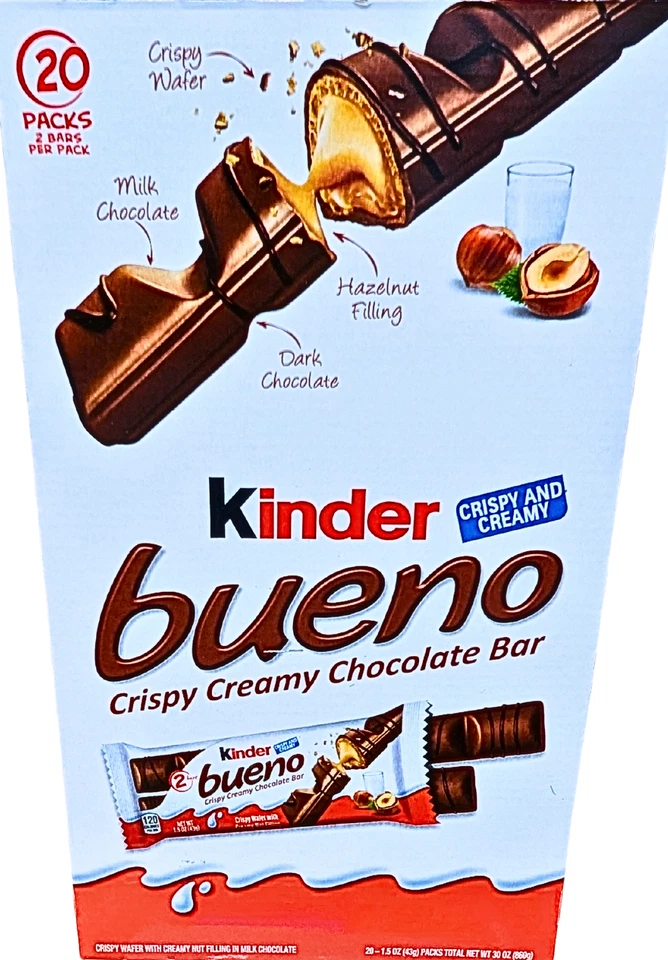 Barritas de chocolate cremosas crujientes Kinder Bueno 20x1,5 OZ caja EXP 02/2026 Foto 2 de 4