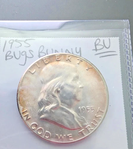 1955-P Franklin Silver Half Dollar "Bugs Bunny error coin" Beautiful UNC coin
