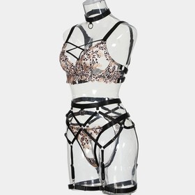 Women Sexy Lingerie Leopard Underwear Set Mesh Embroidery Sexy Lingerie Set