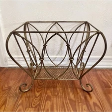 Vtg Wrought Iron Magazine Rack Basket - Deco Regency MCM - Gold & Bronze Scroll