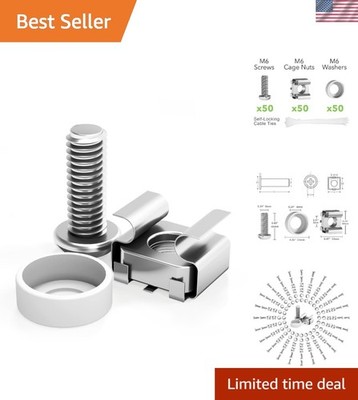 Eco-Friendly M6 Screw Kit with Cage Nuts & Cable Ties - 50 Pack for Easy Setup