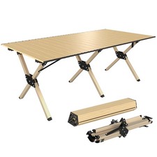 Outsunny 4ft Folding Camping Table, Picnic Table with Roll Up Top, Brown