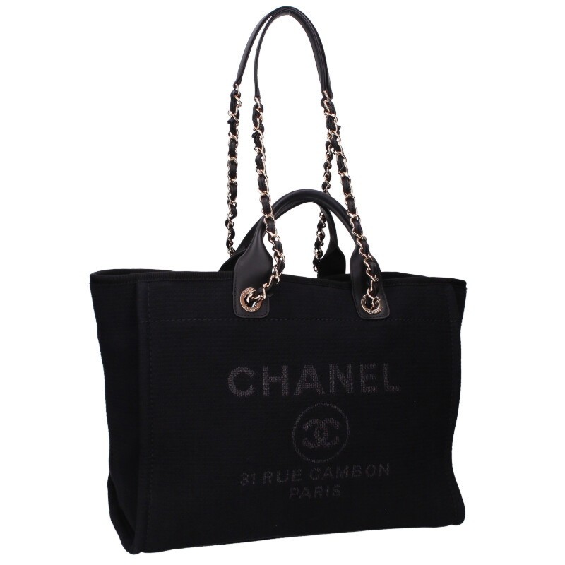 Chanel Arge Deauville Black Calfskin 2-Way Tote Bag Mixed Fiber 905052