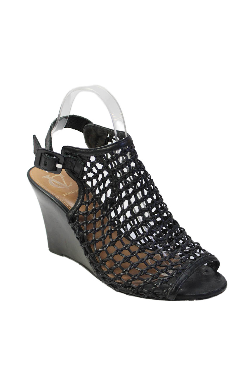 Vince Camuto Womens Wedge Heel Strappy Peep Toe Sandals Black Leather Size 9.5Free Shipping in US $100+ Orders | $6.95 Orders Below
