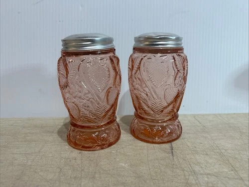 Set of 2 Pink Depression Glass Repro Strawberry Pattern Sugar Shaker Muffineers