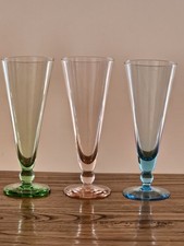 3 × Vintage Retro Tall Glass Wine Cocktail Wine Glasses Glass Blue Pink Green