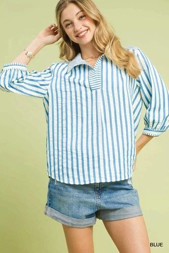 Umgee Striped Collared Neck Blouse