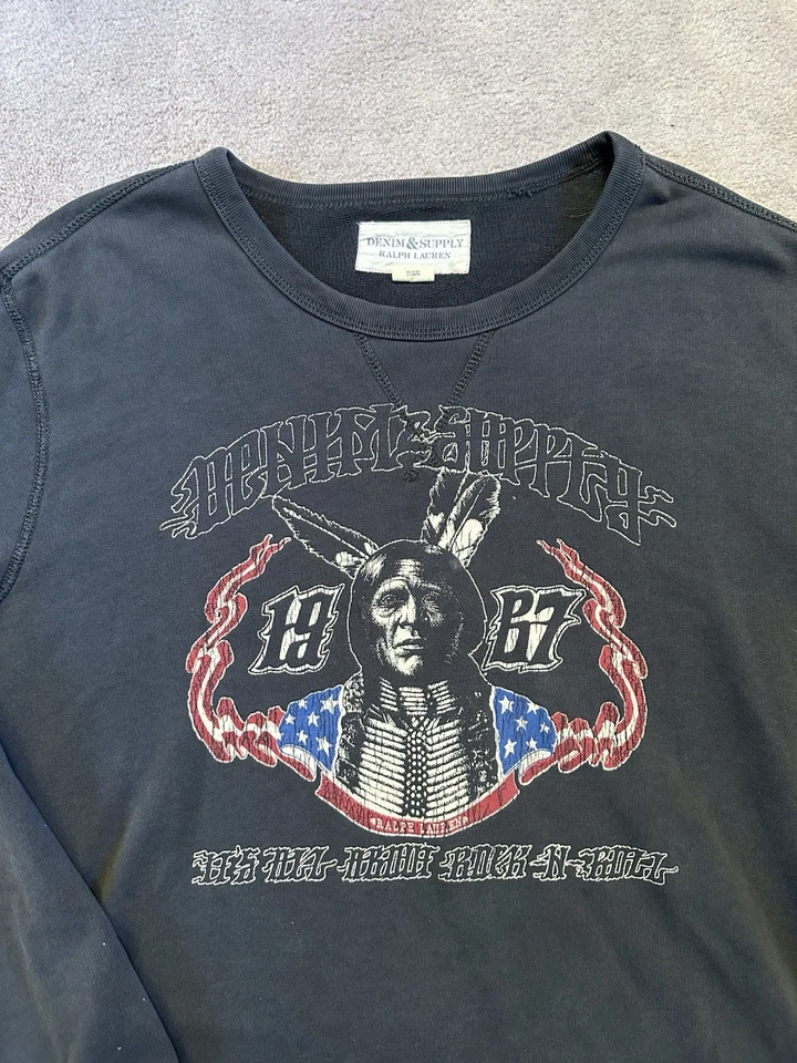 Ralph Lauren Denim & Supply Motociclista Cuello Redondo Negro Desteñido Vintage Sudadera XXL 2X Foto 3 de 4