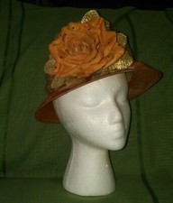 Women's Vintage Mr. John Classic Church Dress Straw Hat with, Orange w/ Flower