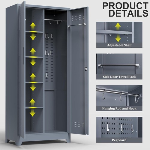72.8" Metal Garage Storage Cabinet with Lockable Doors, Broom Storage Cabinet - Picture 4 of 9