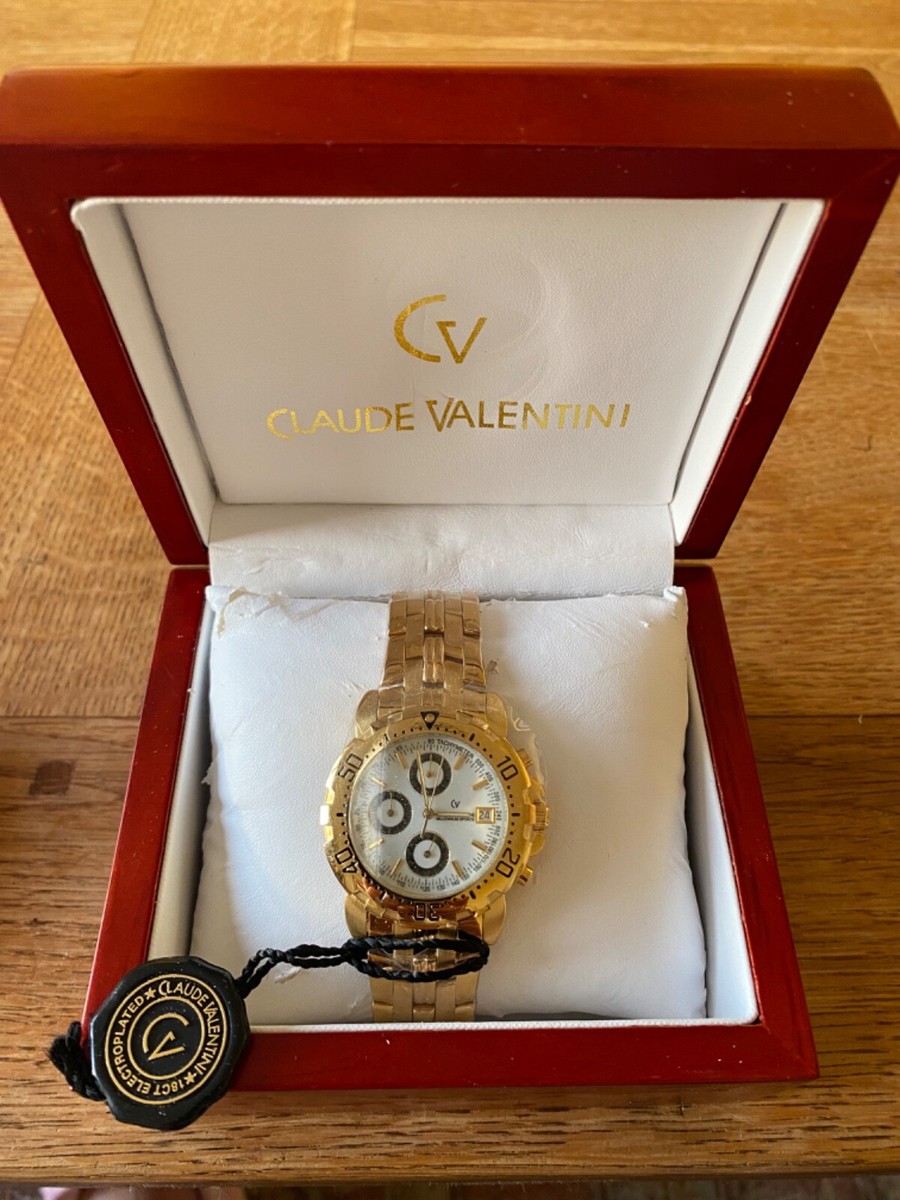 (K10)-CLAUDE VALENTINI-18 CT GOLD PLATED-CHRONOGRAPH-SPORTS WRISTWATCH-BOXED