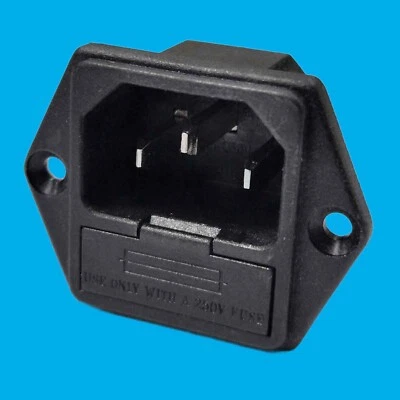 1x Fused IEC Male Panel Chassis Mount Socket 250V 10A, Kettle Lead Rewireable