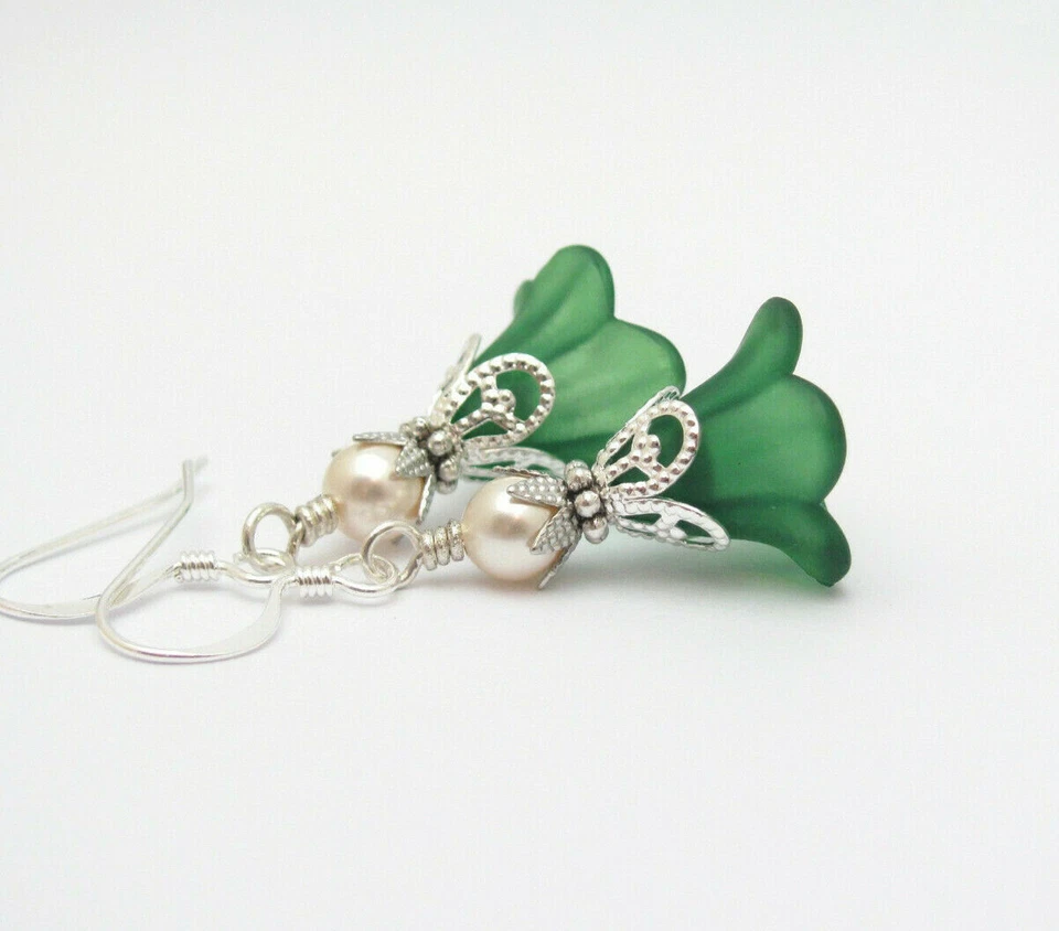 Green Flower Earrings Crystal Pearl Romancecore Gift For Girl Friend Ren Faire - Image 3 of 4