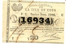 ANTILLAS 1882 Lotería 20 avo del billete Nº 16934 Sorteo Extra 1106 del 6/6/1882