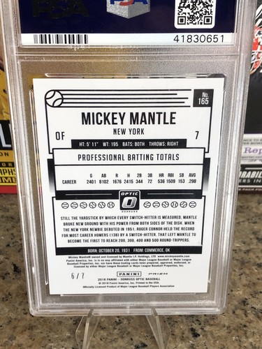 2018 Panini Donruss Optic Mickey Mantle Cracked Ice #165 PSA 10 POP 2 Yankees - Bild 8 von 11