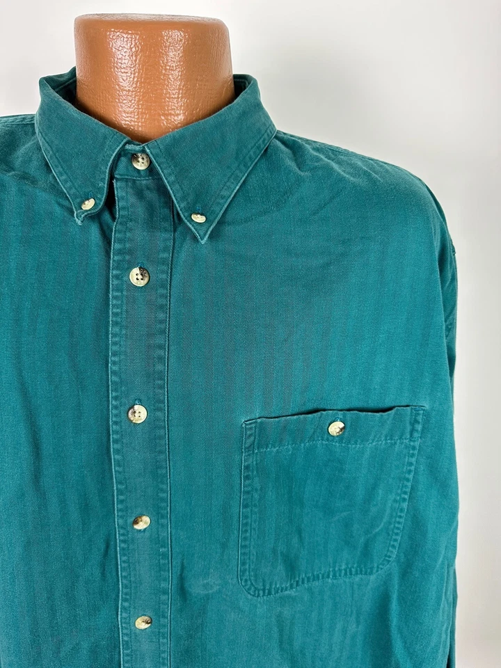 Vintage 90s Trader Bay Herringbone Shirt Men 2XL Oversized Teal Long Sleeve - Image 2 of 4