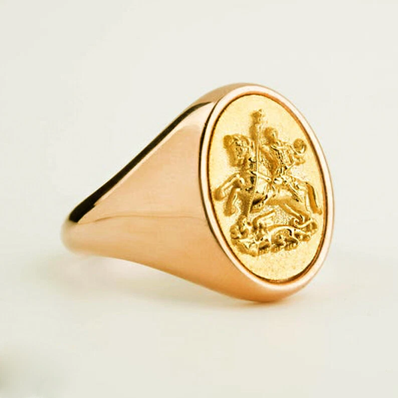 22 Kt Real Solid Yellow Gold Sovereign Coat Of Arms Saint George Men S Ring
