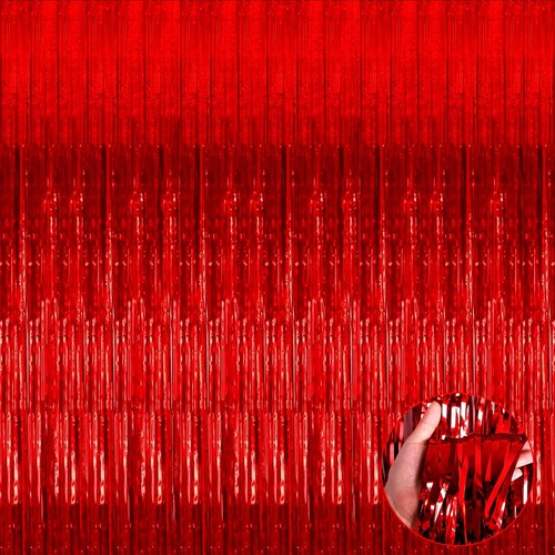 4 Pack Red Foil Fringe Curtain Backdrop, 3.28Ft x 9.84Ft Metallic Tinsel Foil...