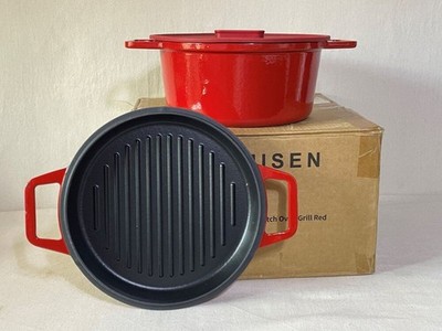 NEW Misen Red 7 QT Enameled Cast Iron Dutch Oven Grill Lid Small Chip