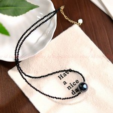 Handmade Natural 3mm Faceted Black Spinel Gemtone Black Shell Pearl Necklace