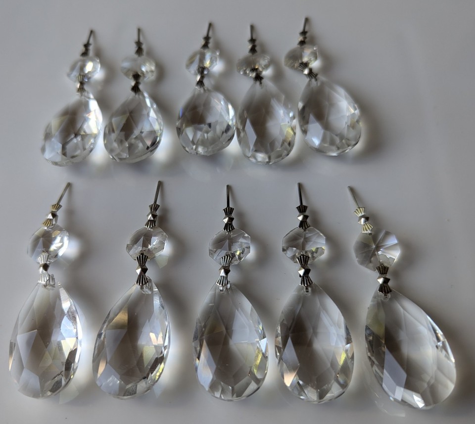 10 VGC Vintage Clear Crystal Glass 5.5cm Teardrop & Button Chandelier ...