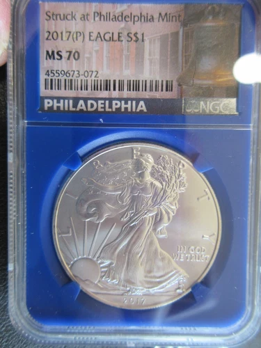 2017 (P) $1 AMERICAN SILVER EAGLE NGC MS70 STRUCK AT PHILADELPHIA MINT BLUE CORE
