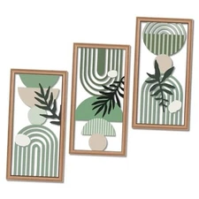  Boho Wall Art Set of 3 Botanical Wooden Wall Decor, Abstract Aesthetic Green