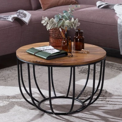 FineBuy Table Basse Bois Massif Métal 60x39x60 cm Table d'appoint Table de salon - Photo 1/4