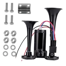 12V 130dB Dual Trumpet Air Horn Kit with Compressor - Loud Dual Electric Black