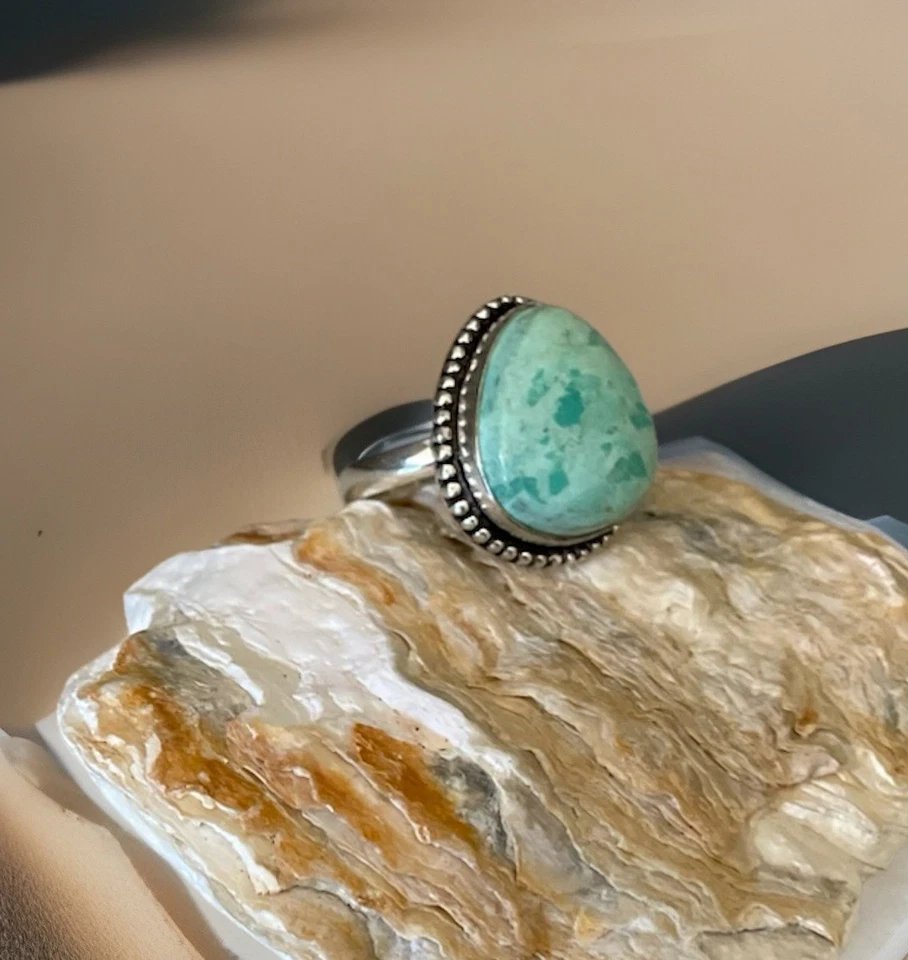 Anillo de piedras preciosas artesanales turquesa peruana talla 10 - chapado en plata 925 - nuevo Foto 2 de 4