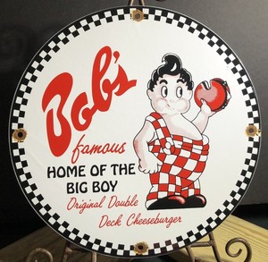 VINTAGE BOB’S BIG BOY PORCELAIN DINER FAMOUS CHEESEBURGER HAMBURGER SIGN