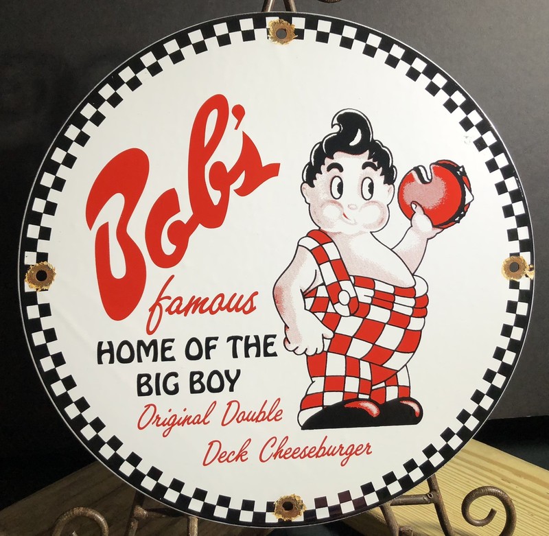 VINTAGE BOB’S BIG BOY PORCELAIN DINER FAMOUS CHEESEBURGER HAMBURGER SIGN