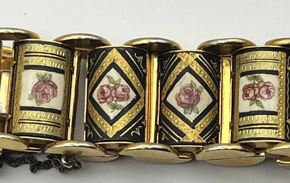 Pulsera de Eslabones Damasceno Vintage Floral Rosas Rosa Tono Negro y Dorado Paneles Cadena Foto 2 de 4