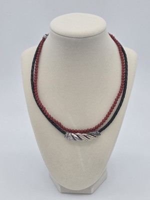 John Hardy Jai Sterlingsilber roter Achat Perlen & Leder zwei Strang Halskette