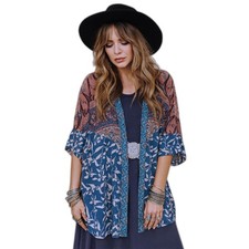 Umgee Boho Mixed Print Kimono Cardigan Paisley Floral Flowy Light Layer L