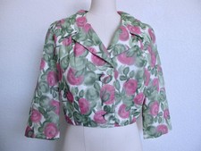 Vintage 50s 60s Cropped Roses Floral Print Jacket Ivory Pink Green L 41" Bust