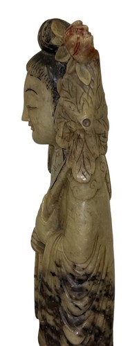 Carved Chinese Soapstone Statue Guanyin Kwan Yin With Lotus Flower 11.5” Antique - Picture 6 of 22