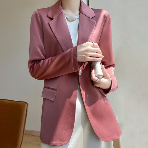 Women Mulberry Silk Satin Coat Button Mid-Length Lapel Long Sleeve Loose Jackets - Picture 18 of 19
